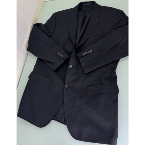 Hugo Boss Blazer Jacket 42L Waffle Plaid Black 100% Virgin Wool Made In USA